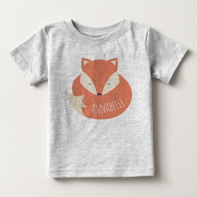 Cute Personalised Sleeping Fox Baby T-Shirt (Front)