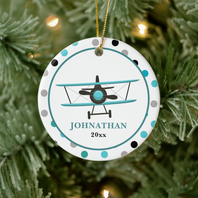 Cute Personalised Teal Aeroplane Polka Dot Ceramic Tree Decoration (Tree)