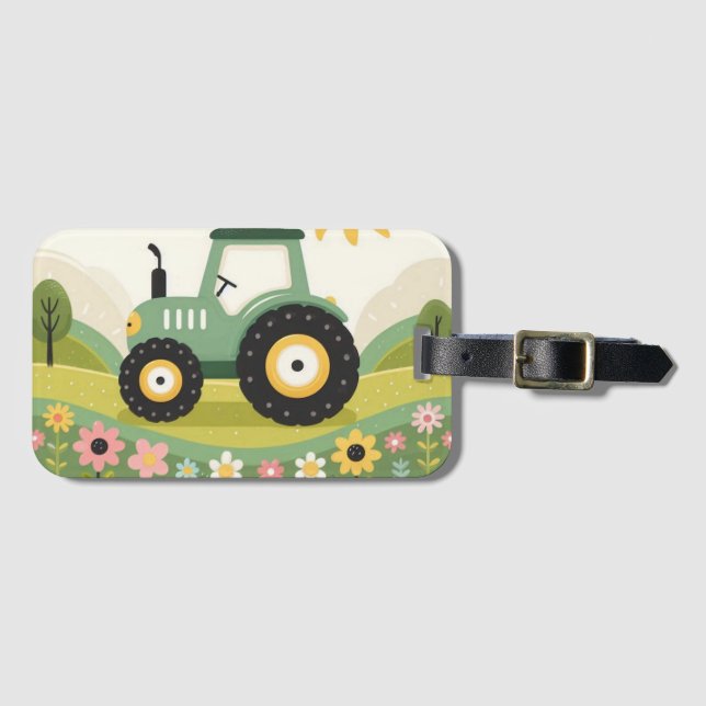 Cute, personalised tractor/farm luggage tag (Front Horizontal)