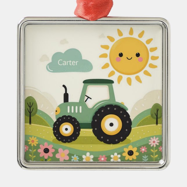 Cute, personalised tractor/farm metal tree decoration (Front)