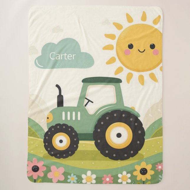 Cute, personalised tractor/farm sherpa blanket (Front)
