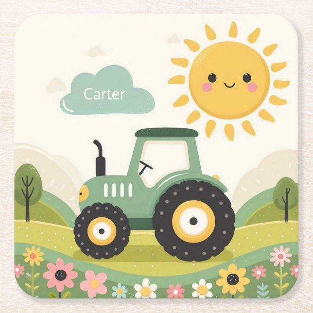 Cute, personalised tractor/farm square paper coaster (Front)