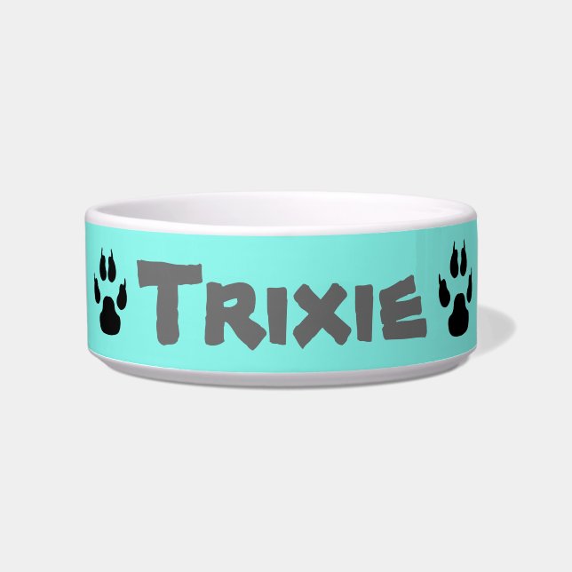 Cute Personalised Turquoise Black Paw Prints Bowl (Front)