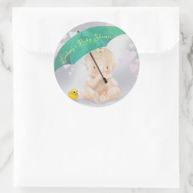Cute Personalised Umbrella Baby Shower of Hearts Classic Round Sticker (Bag)