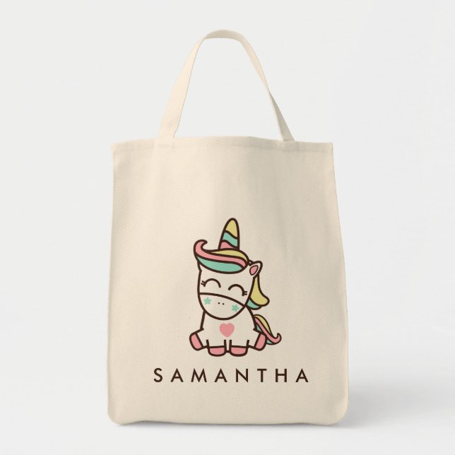 Cute personalised unicorn rainbow birthday tote bag (Front)