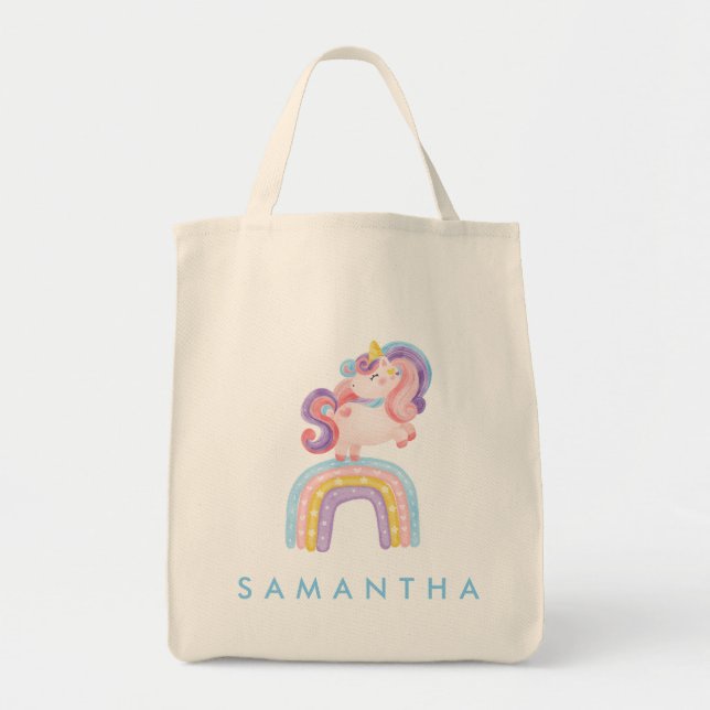 Cute personalised unicorn rainbow blue tote bag (Front)