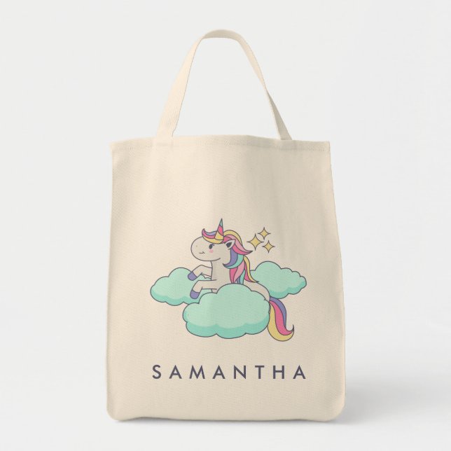 Cute personalised unicorn rainbow cloud tote bag (Front)