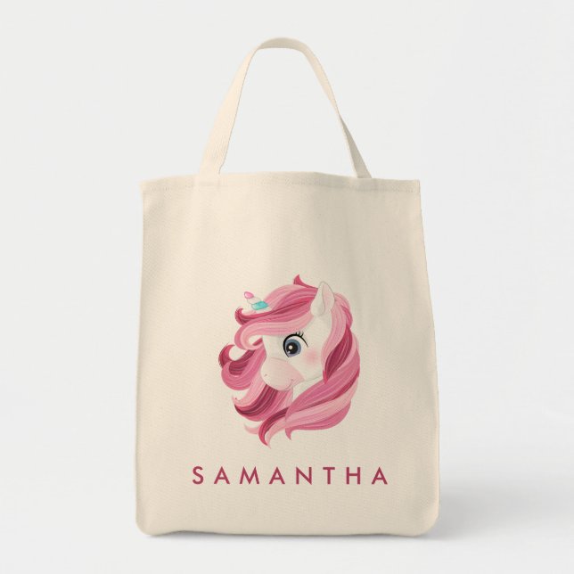 Cute personalised unicorn rainbow pink tote bag (Front)