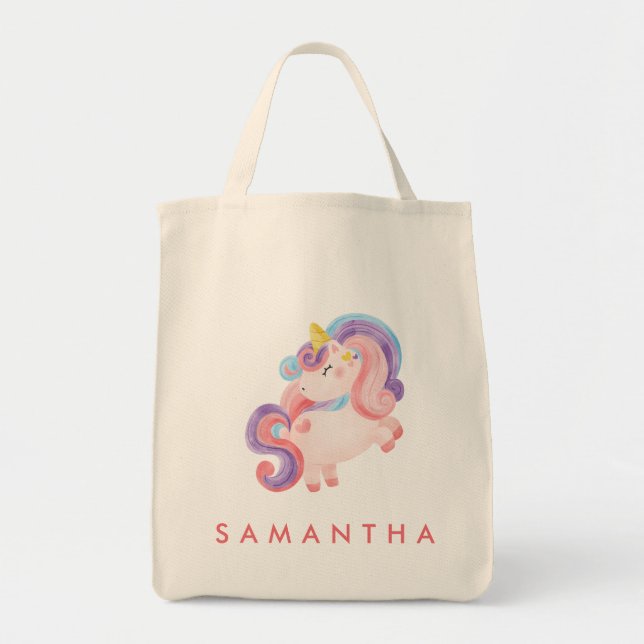 Cute personalised unicorn rainbow pink tote bag (Front)