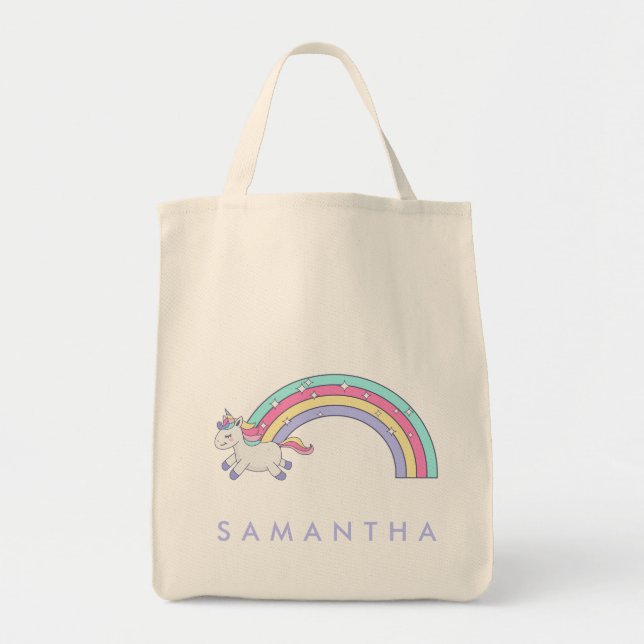 Cute personalised unicorn rainbow purple tote bag (Front)