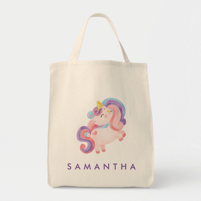 Cute personalised unicorn rainbow purple tote bag (Front)