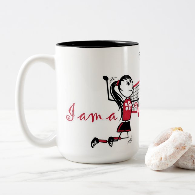 Cute Personalised Volleyball Girl Two-Tone Coffee Mug (With Donut)