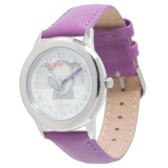 Cute Personalised Watercolor Baby Elephant Name  W Watch (Angled)