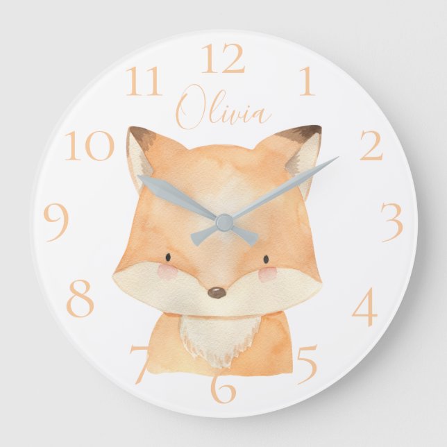 Cute Personalised Watercolor Baby Fox Personalised Large Clock (Front)