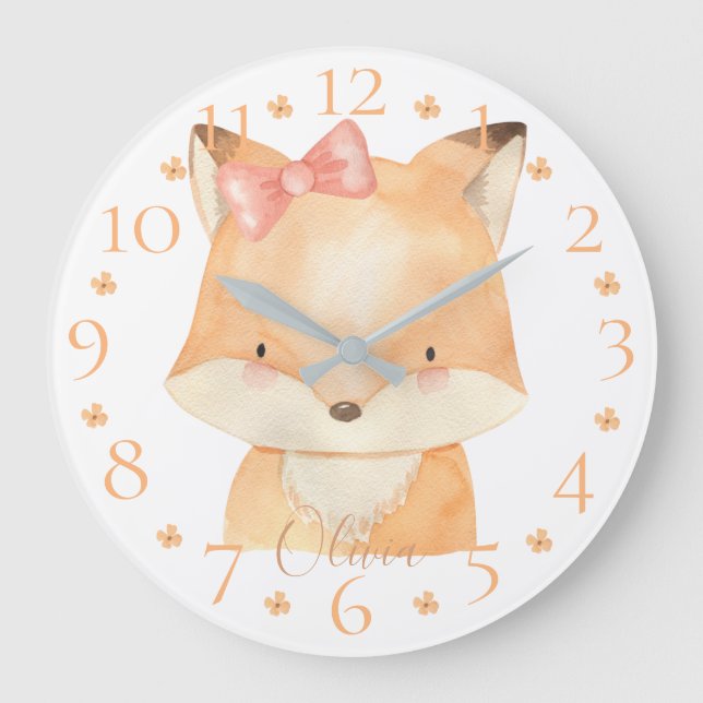 Cute Personalised Watercolor Baby Fox with Name  Large Clock (Front)