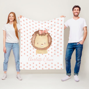 Cute Personalised Watercolor Baby Lion Pink Floral Fleece Blanket