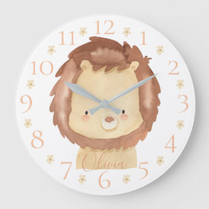 Cute Personalised Watercolor Baby Lion with Name Large Clock
