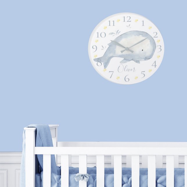 Cute Personalised Watercolor Baby Whale Nautical L Large Clock (Creator Uploaded)