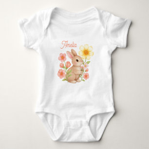 Cute Personalised Watercolor Bunny Floral Baby Bodysuit