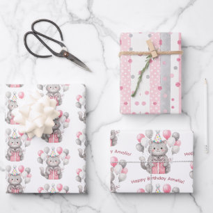 Cute Personalised Watercolor Cat Birthday Wrapping Paper Sheet