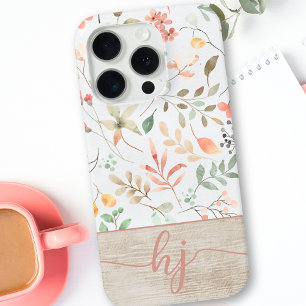 Cute Personalised Watercolor Floral Wood Monogram iPhone 15 Pro Case