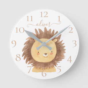 Cute Personalised Watercolor Lion Baby Nursery Kid Round Clock