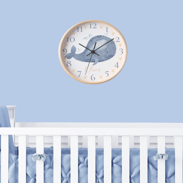 Cute Personalised Watercolor Nautical Blue Whale Clock (Creator Uploaded)