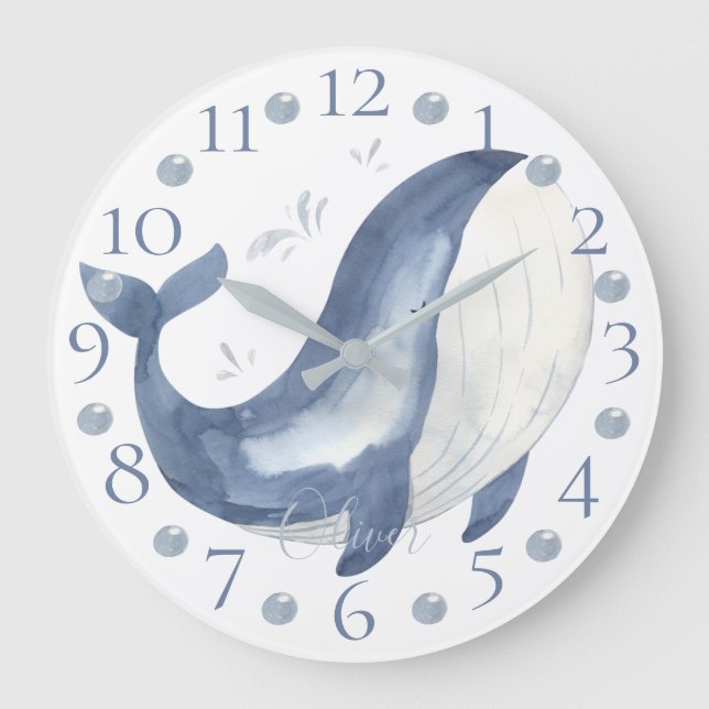 Cute Personalised Watercolor Nautical Blue Whale L Large Clock (Front)