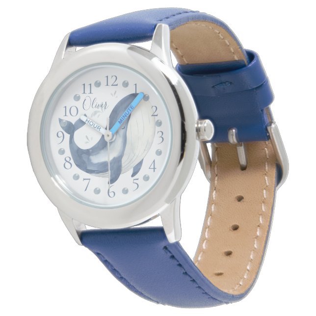 Cute Personalised Watercolor Nautical Blue Whale Watch (Angled)