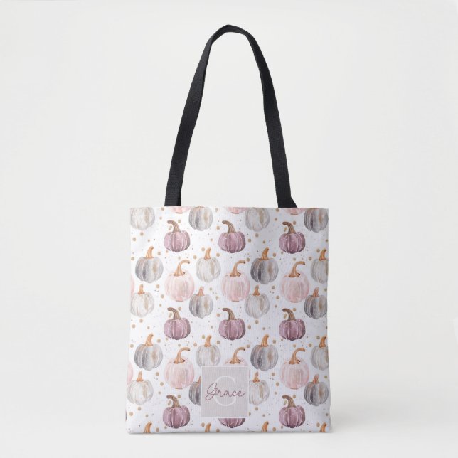 Cute Personalised Watercolor Pumpkin Fall Tote Bag (Front)