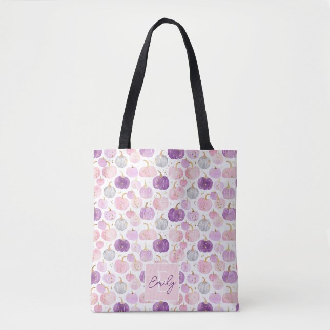 Cute Personalised Watercolor Pumpkin Fall Tote Bag (Front)