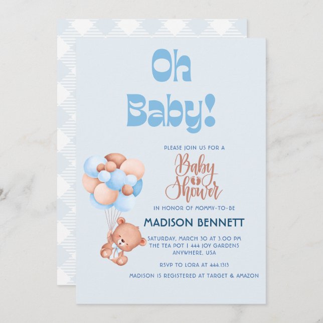Cute Personalised Watercolor Teddy Bear Boy Shower Invitation (Front/Back)