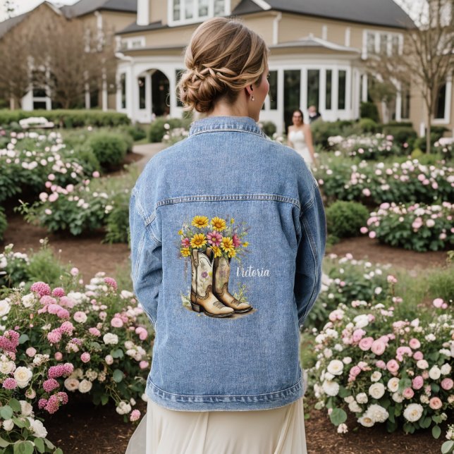 Cute Personalised Western Floral Cowboy Boots Denim Jacket (Wedding Back)