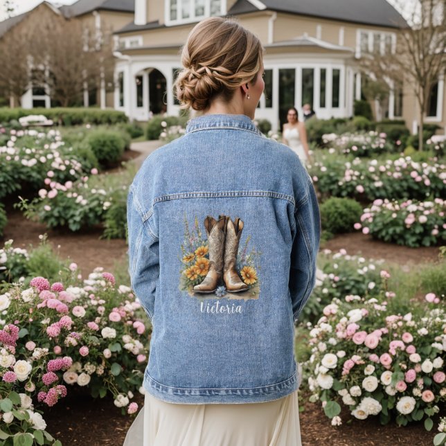 Cute Personalised Western Sunflowers Cowboy Boots Denim Jacket (Wedding Back)