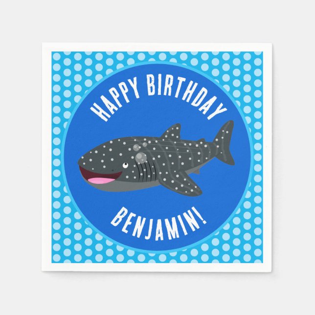 Cute personalised whale shark happy birthday napkin (Front)
