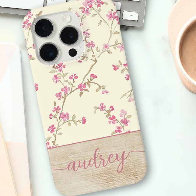 Cute Personalised Wood Floral Script Monogram Name Case-Mate iPhone Case (Creator Uploaded)