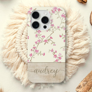 Cute Personalised Wood Floral Script Monogram Name iPhone 15 Pro Case