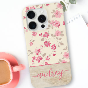 Cute Personalised Wood Floral Script Monogram Name iPhone 15 Pro Case