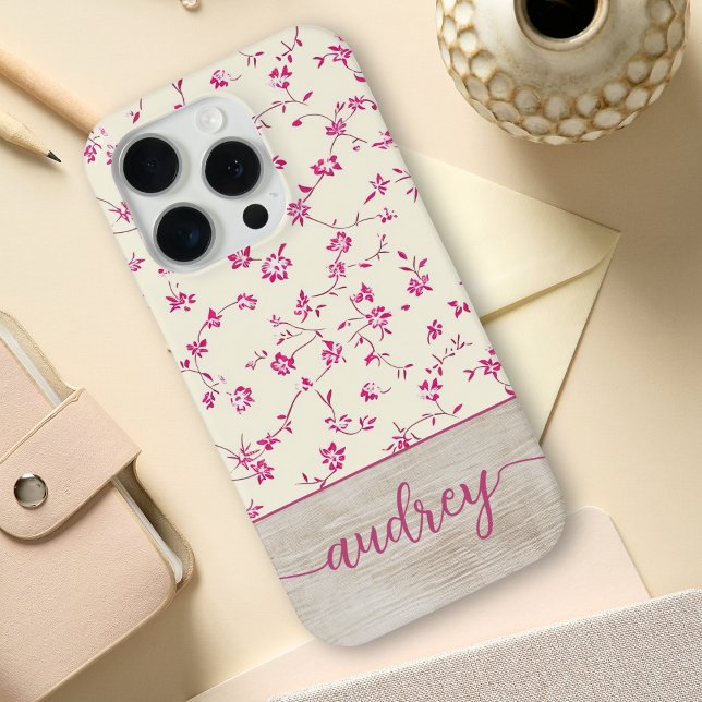 Cute Personalised Wood Floral Script Monogram Name Case-Mate iPhone Case (Creator Uploaded)