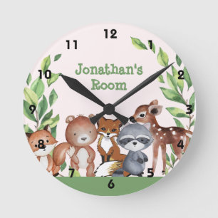 Cute Personalised Woodland Animals Round Clock