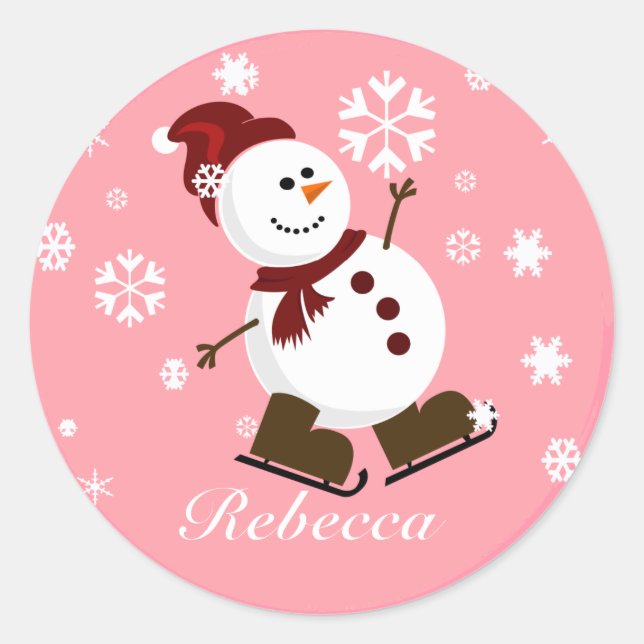 Cute Personalised Xmas Snowman Classic Round Sticker (Front)