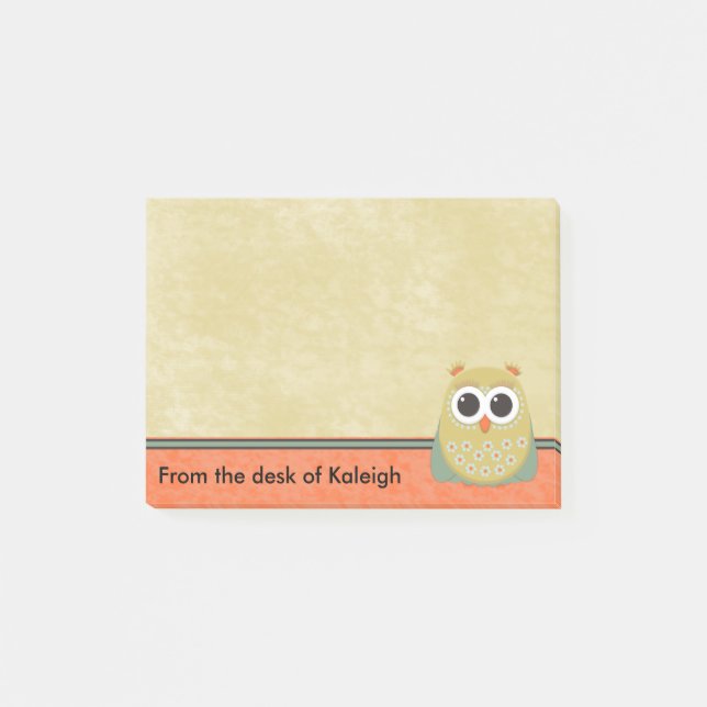 Cute Personalised Yellow Green and Orange Owl Post-it Notes (Front)