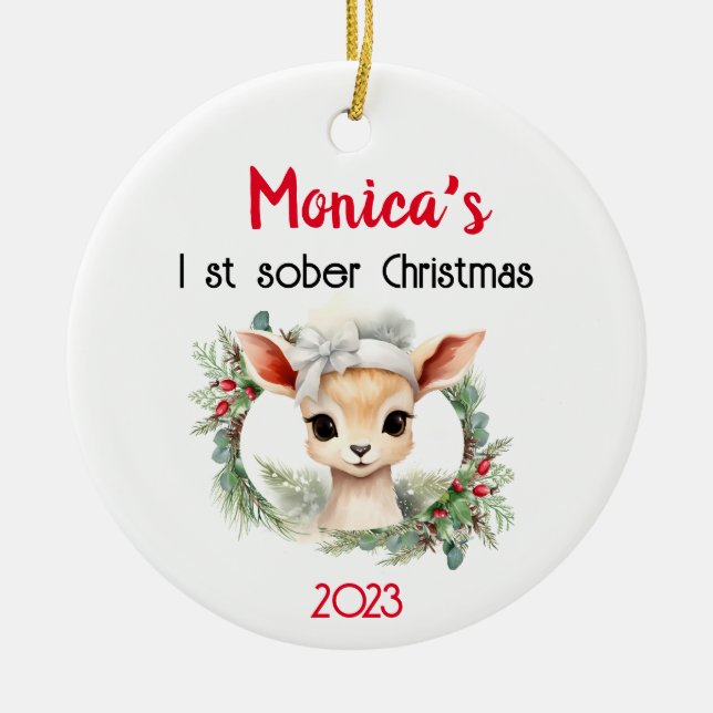 Cute Personalizable Name & Sobriety Date Christmas Ceramic Tree Decoration (Front)