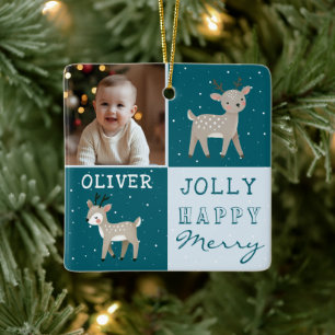 Cute Personalized Baby Photo Reindeer Christmas Ceramic Ornament