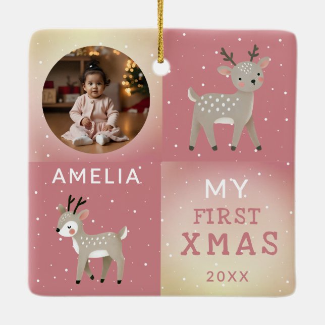 Cute Personalized Baby Photo Reindeer Christmas Ceramic Ornament (Back)