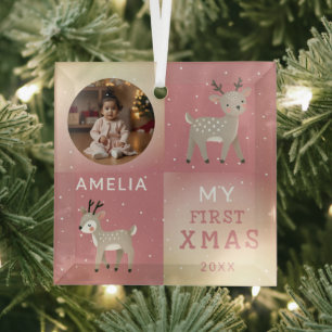 Cute Personalized Baby Photo Reindeer Christmas Glass Tree Decoration
