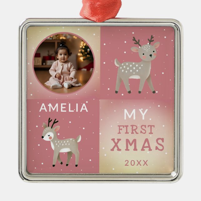Cute Personalized Baby Photo Reindeer Christmas Metal Tree Decoration (Front)