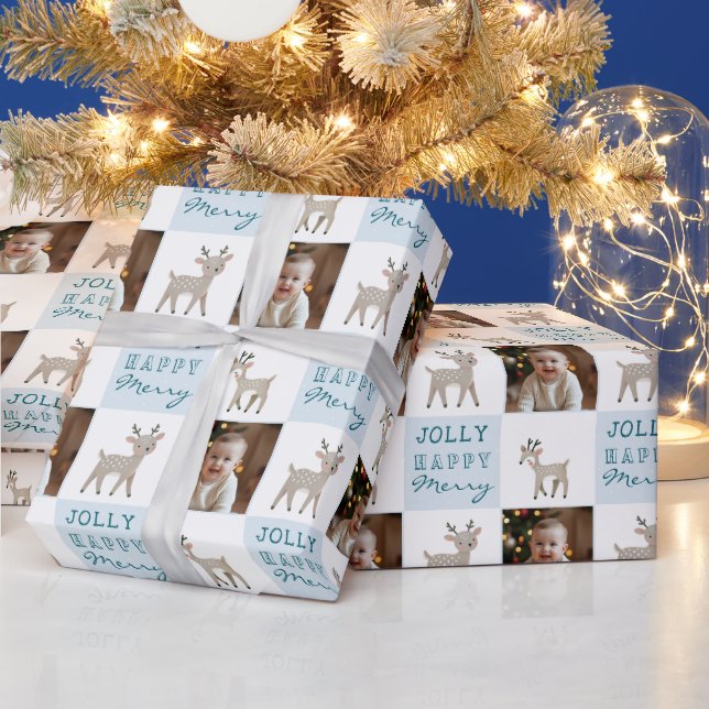 Cute Personalized Baby Photo Reindeer Christmas Wrapping Paper (Holidays)