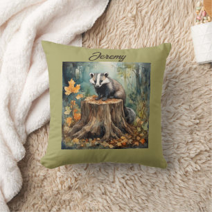 Cute Personalized Badger in woodland setting Cushion