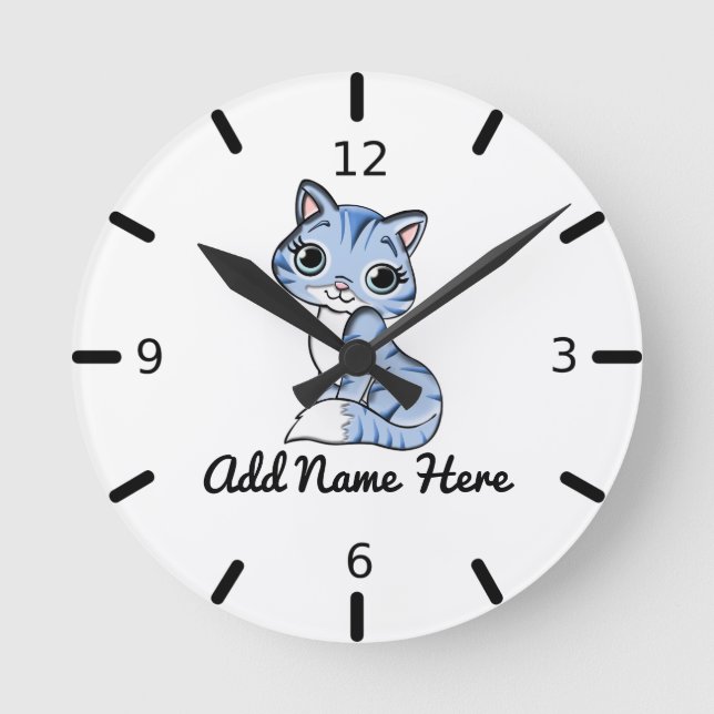 Cute Personalized Blue Kitten Large Clock (Front)